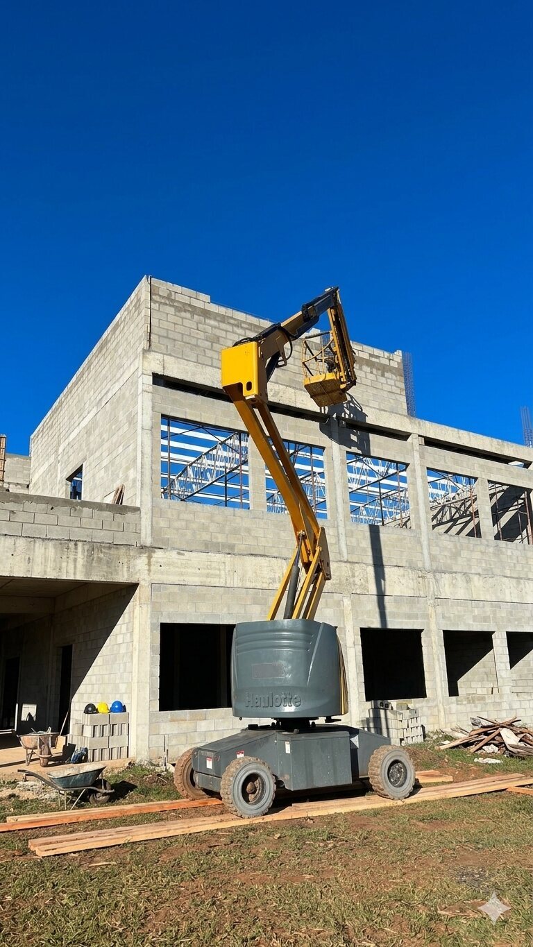 Plataforma articulada amarela com alcance em estrutura alta